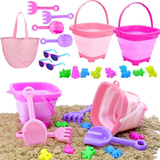 Beach Sand Molds Toys for 2-4 Years Old Girls Kids|Collapsible Sand Bucket Sandbox Toys|Pink Shovels|Sunglasses&Mesh for 3-5 Years Old Toddlers|Travel Sand Toys for Beach Camping