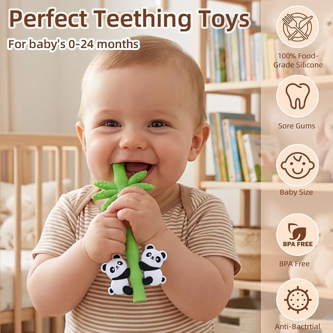 Baby Teether Toy Panda Shape Silicone Teething Toys for Babies 0-24 Months, Chew Toys for Infants Teething Relief, Hollow Tube Toothbrush Head for Gum Massage and Self-Brushing Training, Easy to Grip