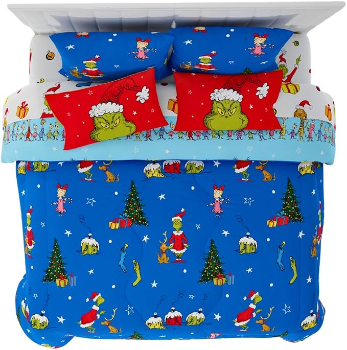 Grinch by Dr. Seuss Holiday & Christmas Bedding Super Soft Comforter and Sheet Set with Sham, 7 Piece King Size (Official Dr. Seuss Product) By Franco