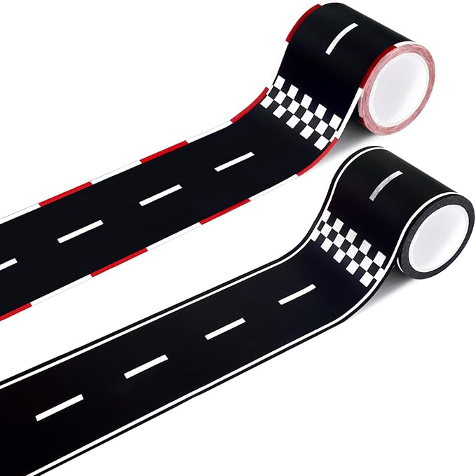 WNINK 2 Rolls Black and Red Roadway Tape Road Tape, Kids Race Car Stickers, Race Car Track Decorations, 2.4 Inch Wide, 2 X 33 FT Long, Easy Tear, No Residue for Kids Birthday Racing Party Decoration