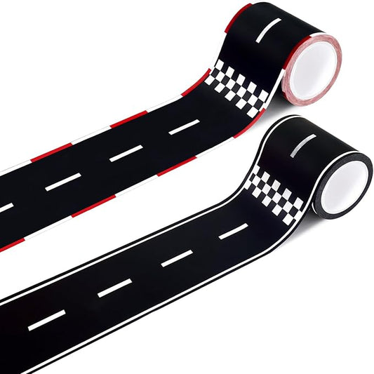 WNINK 2 Rolls Black and Red Roadway Tape Road Tape, Kids Race Car Stickers, Race Car Track Decorations, 2.4 Inch Wide, 2 X 33 FT Long, Easy Tear, No Residue for Kids Birthday Racing Party Decoration