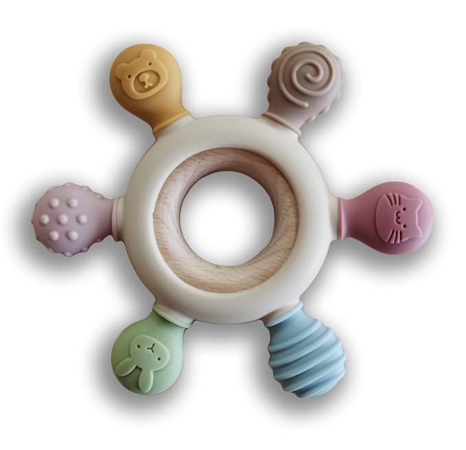 [BabyBite] Teethers Silicone and Beechwood Animal Teether for Sensory and Developmental Play for Baby and Toddler 100% BPA Free Food Grade Silicone, Beige