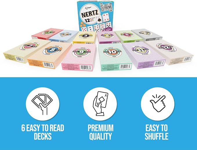 Regal Games Nertz & Solitaire Playing Cards, 12 Multi-Colored Poker Decks 2.5" x 3.5", 310 GSM Linen Finish, Durable Casino Quality for Poker, Blackjack, Rummy & Family Game Night for Kids & Adults