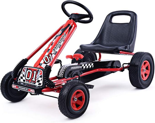 Costzon Go Kart for Kids, 4 Wheel Off-Road Pedal Go Cart w/Adjustable Seat, 2 Safety Brakes, EVA Rubber Tires, Ride-On Toys for Boys Girls, Outdoor Racer Pedal Car (Red, 40" L x 24''W x 24.5''H)