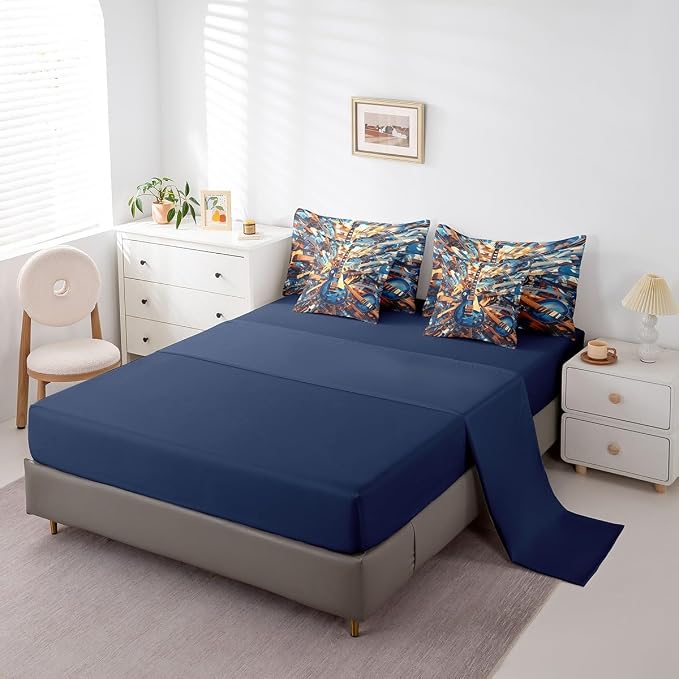 Feelyou Guitar Comforter Set with Sheets Full Size Rock Music Bed in a Bag for Boys Girls Teens Navy Blue 7 Pieces Bedding Set Soft Lightweight Microfiber