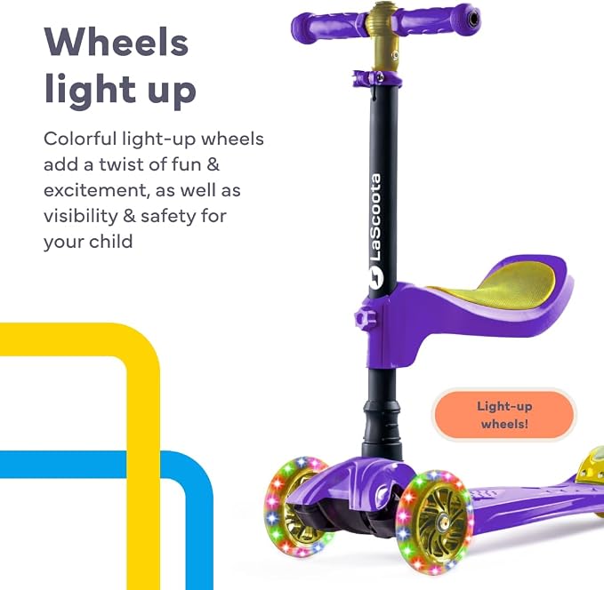 LaScoota 2-in-1 Kids Kick Scooter, Adjustable Height Handlebars and Removable Seat, 3 LED Lighted Wheels and Anti-Slip Deck, for Boys & Girls Aged 3-12 and up to 100 Lbs.