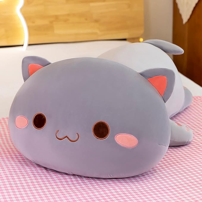 FUYU Cat Stuffed Animals, Soft Cat Plush Pillow Kawaii Kitten Stuffed Animal Toy Gifts for Kids Boys Girls Room Decor (Grey Round Eyes,35in/87)