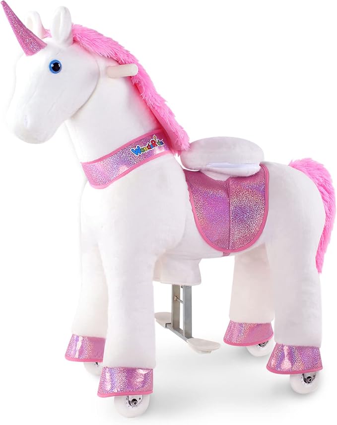 WondeRides Ride on Unicorn Pink Riding Horse Toys Size 3 for Age 3-5 Years, 30.1 inch Height Plush Riding Unicorn Pony Ride on Horse Toy Giddy up Rocking Mechanical Walking Animal with Wheels M331