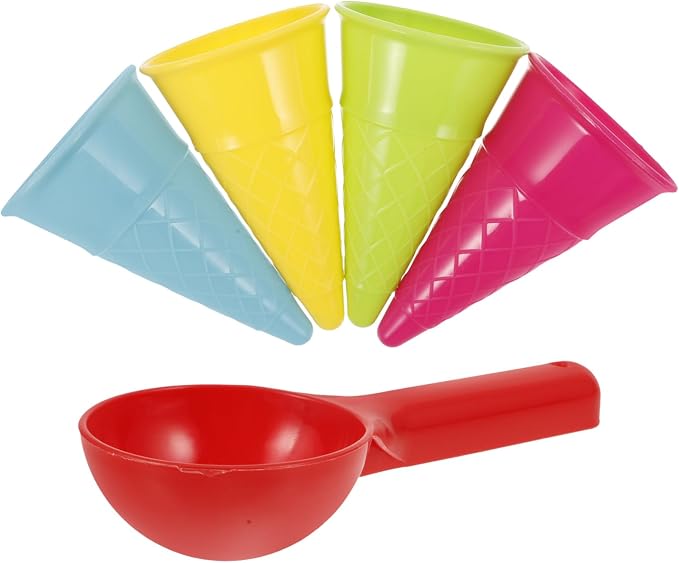 SEWACC 5pcs Plastic Sand Ice Cream Cones and Scoop Kids Sand Mold Set Seaside Play Beach Toys for Outdoor Seaside (Random Color)