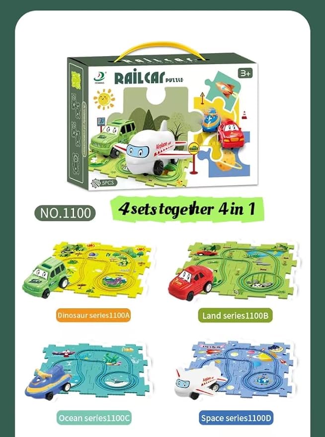 Christmas Stocking Stuffer 4 Sets 4in1 Puzzle Racer Kids Car Track Set,4 Theme Puzzle Racer Car Track Set Puzzle Track Car Play Set Puzzle Raceway Car Track Preschool Gifts for Kids Birthday Gift