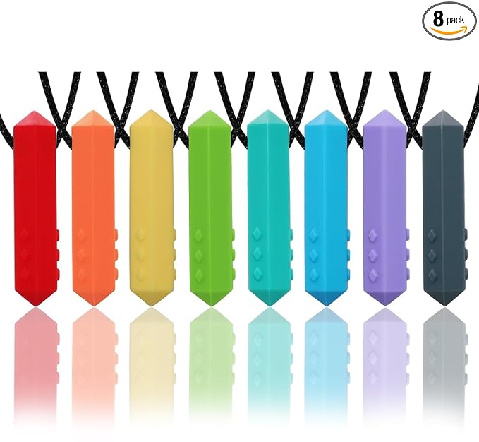 Chew Necklaces for Sensory Kids, 8 Pack Chewy Necklace Sensory Boys and Girls with Autism, ADHD, SPD, Biting, Silicone Teething Necklace Oral Chew Toys for Adults Reduce Chewing Anxiety Fidget
