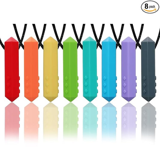 Chew Necklaces for Sensory Kids, 8 Pack Chewy Necklace Sensory Boys and Girls with Autism, ADHD, SPD, Biting, Silicone Teething Necklace Oral Chew Toys for Adults Reduce Chewing Anxiety Fidget