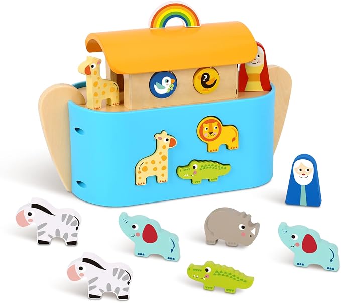 TOOKYLAND Noah's Ark Toys for Toddlers Wooden Animal Shape Sorter Toys, Baptism Gifts for Boys and Girls, Bible Story Toy with Story Book, Montessori Educational Toys for 2 3 4 Year Old