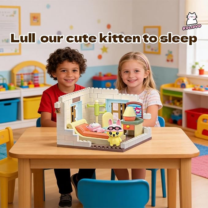 Koko's Cat Town DIY Miniature House Kit, Tiny White House Series Bedroom Building Kit, Purrfect Dollhouse with 251PCS, Cat Toys Gift for Girls Boys Teens Kids Ages 3+