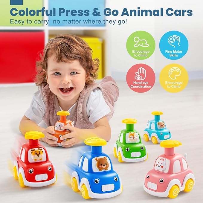 TooyBing Press and Go Car Toys for Toddlers 1-3, 6 Pack Animal Baby Car Toys for 1 2 Year Old Boy, Push Go Friction Vehicle Toys for Infants 12-18 Months, One First Birthday Gifts for Boys Girls