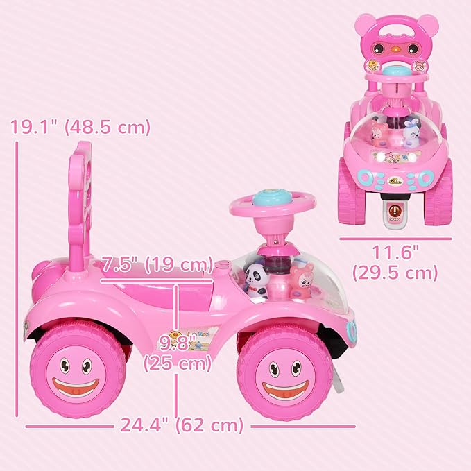 Qaba Toddler Push Car, Foot to Floor Ride on Toy with Horn, Light, Music, Steering Wheel, Anti-Over-Backwards Device & Under Seat Storage, Baby Sliding Car for Boys Girls 18-36 Months, Pink