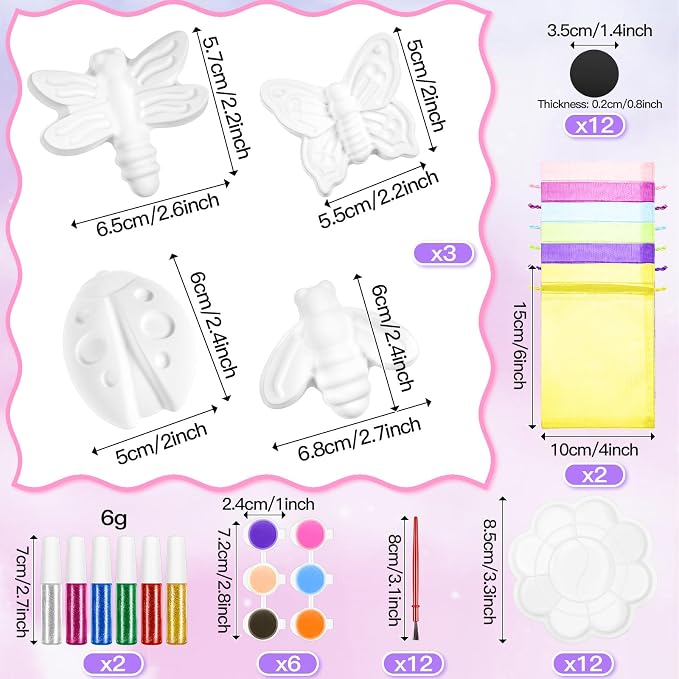 Gemscream 60 Pcs Plaster Painting Fairy Art Party Favors for Kids DIY Statues Craft Butterfly Insect Activities Birthday Supplies with Magnet Brushes Palette Organza Bag Gifts