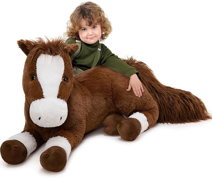 Tezituor 47 Inch Giant Horse Stuffed Animal, 4ft Large Chocolate Brown Pony Plush Toy, Realistic Farm Horse Plush Body Pillow Decor Birthday for Kids Girls Boys Horse Lovers