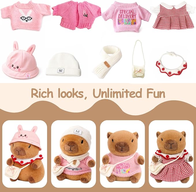 10.2" Brown Capybara Plush Toy with 9 Clothes and Accessories Super Soft Capybara Stuffed Animal for Kids Girls Boys (Pink Capybara)