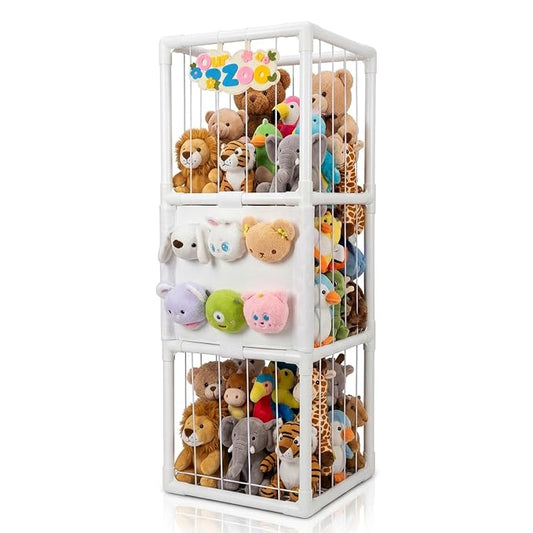 Trycooling Stuffed Animal Storage Zoo Stuffed Animal Holder Space Save Vertical Stuffed Animals Storage PVC with Elastic Band and Net for Playroom Bedroom Nursery (White-3 Tier)