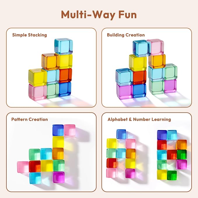 Woodtoe Rainbow Building Blocks for Toddlers, 24 PCS Acrylic Gem Cubes Stacking Blocks, Montessori Stacking Toy for 3 4 5 6 Year Old, Educational STEM Creative Sensory Toy Gifts for Kids Boys Girls