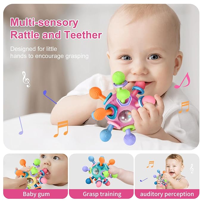 Baby Montessori Teething Toys for 0-6 6-12 Months Infant Teethers Sensory Toys for Babies 0 3 6 9 12 18 Months Newborn Learning Developmental Chew Rattle Toys Shower Gifts for 1 2 Year Old Girls Boys