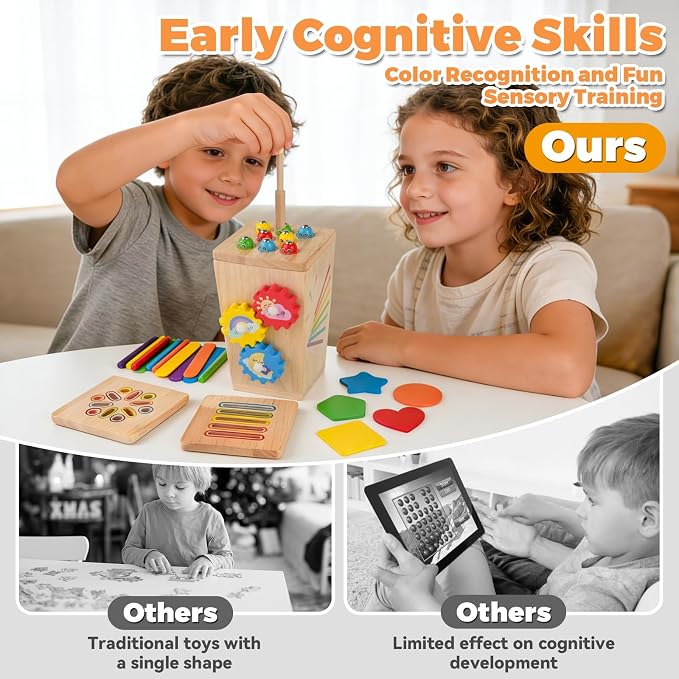 Wooden Montessori Baby Toys, 5 in 1 Fine Motor Skills Learning Toy, Educational Shape & Color Sorting Sensory Fidget Toy for Toddlers Ages 1–3, Birthday Gift for 2–4 Year Old Girls & Boys