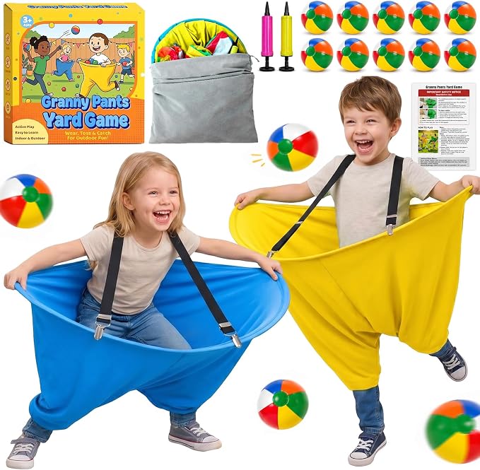 Granny Pants Yard Game for Adults and Kids, Big Pants Ball Catch Game with 2 Giant Pants, Balls, Pumps & Storage Bag, Outdoor Tossing Games for Birthday Party, Backyard Party, Family Reunion