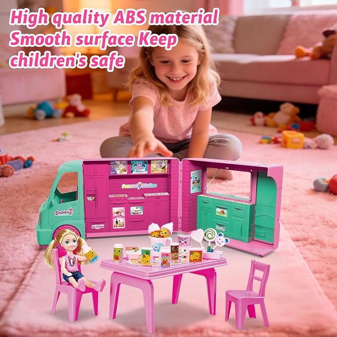 Dollhouse Ice Cream Truck Playset for Girls - Kids Kitchen Pretend Play Food Dessert Truck Toy with Doll, Table, Chairs & Accessories - Birthday Gift for 3 4 5 6 7 8 Year Old Toddler Children