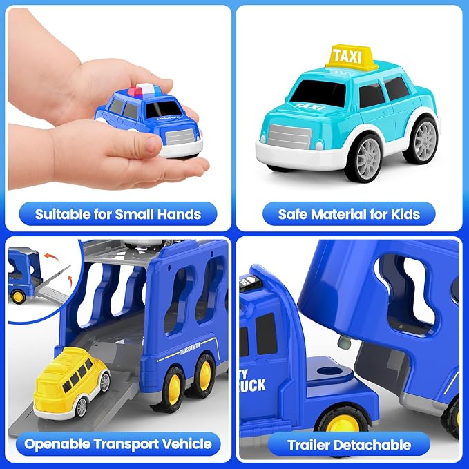 FunMission Toddlers City Truck Toys for Kids 3-9 Year Old，5 in 1 Friction Power Vehicle Car for 3 4 5 6 7 Years Old Boys Girls，Carrier Truck Transport Toys for Christmas and Birthday Gifts