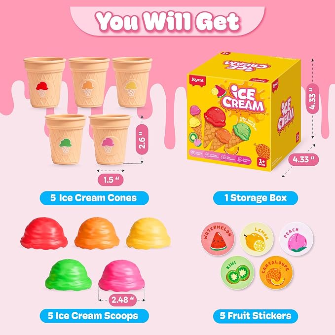 JoyCat Ice Cream Toy Set for Toddlers 1-5, Color Sorting & Stacking Toys, Pretend Play Food for Boy Girls Kids, Educational Fine Motor Skills Gift (5 Cones 5 Scoops)