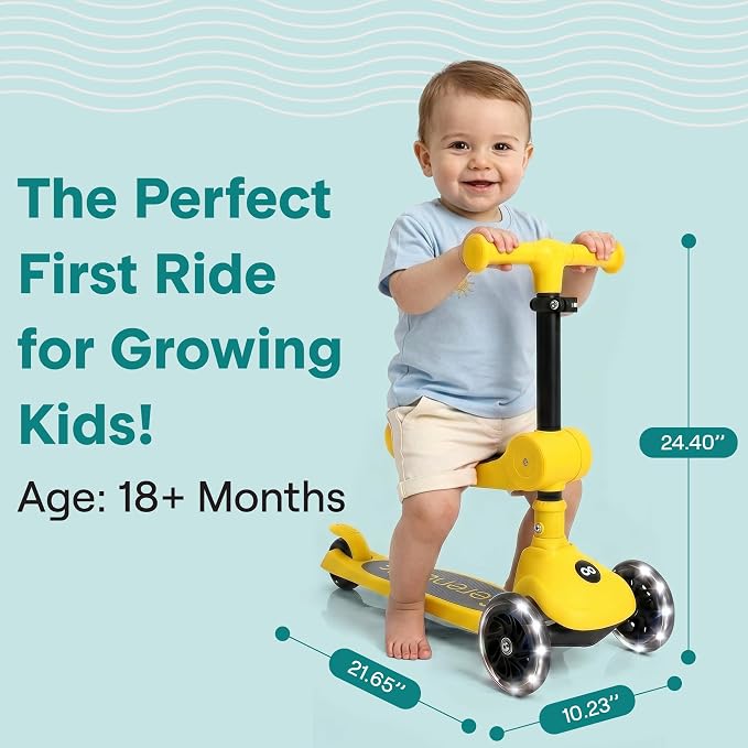 SereneLife 3 Wheel Scooter for Toddlers & Kids, Foldable Seat, LED Wheels, Adjustable Handlebar, Anti-Slip Deck, Rear Foot Brake, Lean-to-Steer, Kid Scooter Ages 18M–7Y, Supports up to 110 lbs, Yellow