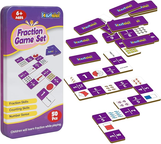 Kasfalci Fraction Dominoes Set,Math Games for Kids,Math Manipulatives,Counting Toys,Learning Games,Preschool Learning Activities,Homeschool Supplies,Kindergarten Classroom Must Haves,1st 2nd 3rd Grade