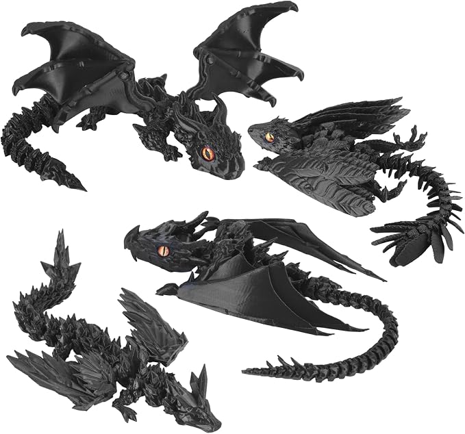 4PCS 12 Inch 3D Printed Dragons, Feathered Wyvern Figure with Wings, Dragon Desk Decor, Collectible Toy for Dragon Lovers(Black-A)