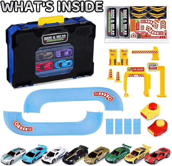Drefirsa 24 in 1 Race Car Track Set, Toy Cars for Boys Age 3-5 4-7 | 8pcs 1:64 Diecast Vehicle, 2 Launchers, Race Track, Portable Storage Case, Outdoor Indoor Play, Gift for 3 4 5 6 Year Boy