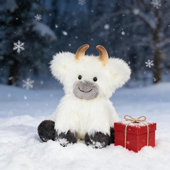 Hopearl Adorable Plush Yak Cow Toy Floppy White Yak Soft Kawaii Stuffed Animal Cute Birthday Holiday Gift for Boys Girls Kids Toddlers, White, 10''