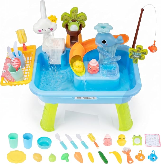 Upgraded Toddler Sand Water Table with Electric Water Pump - 4-in-1 Outdoor Play Center with Faucet, Play Food & Fishing Game - Kitchen Sink Toys for Boys Girls Age 3+ (Blue)