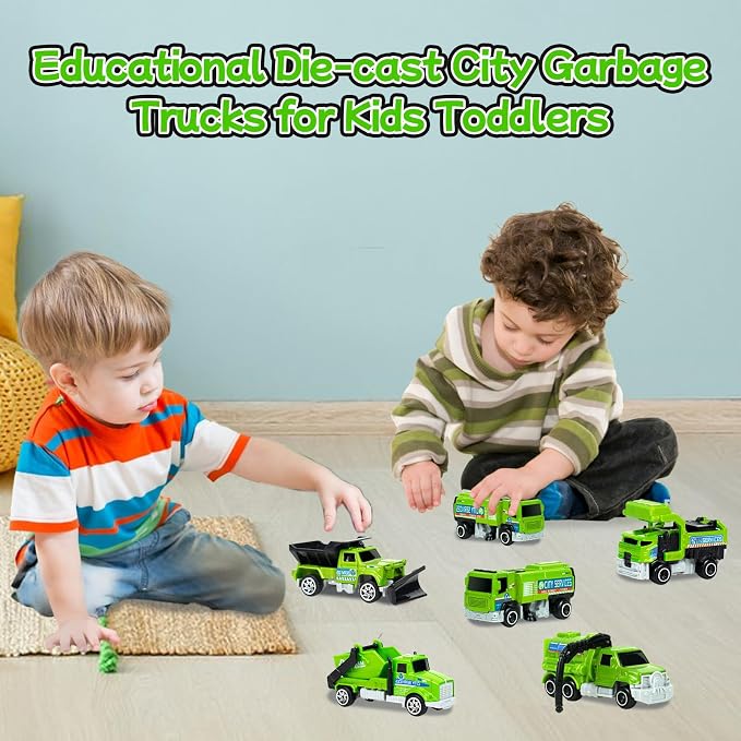 6 Pack Diecast Garbage Truck Toys for Kids, Mini Alloy Sanitation Truck Toy Recycling Sanitation Trucks Model Set, Educational Toddler Car Toys Birthday Gifts for Boys Girls 3-7 8