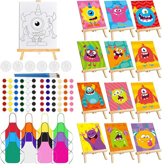 Ireer 12 Set Paint Party Set 8 x 10 Sip and Paint Kit Include 12 Printed Pre Drawn Canvas Panel, Wooden Easels, Palettes, Pots, Apron 36 Brushes for Adult Art DIY Party(Monsters)