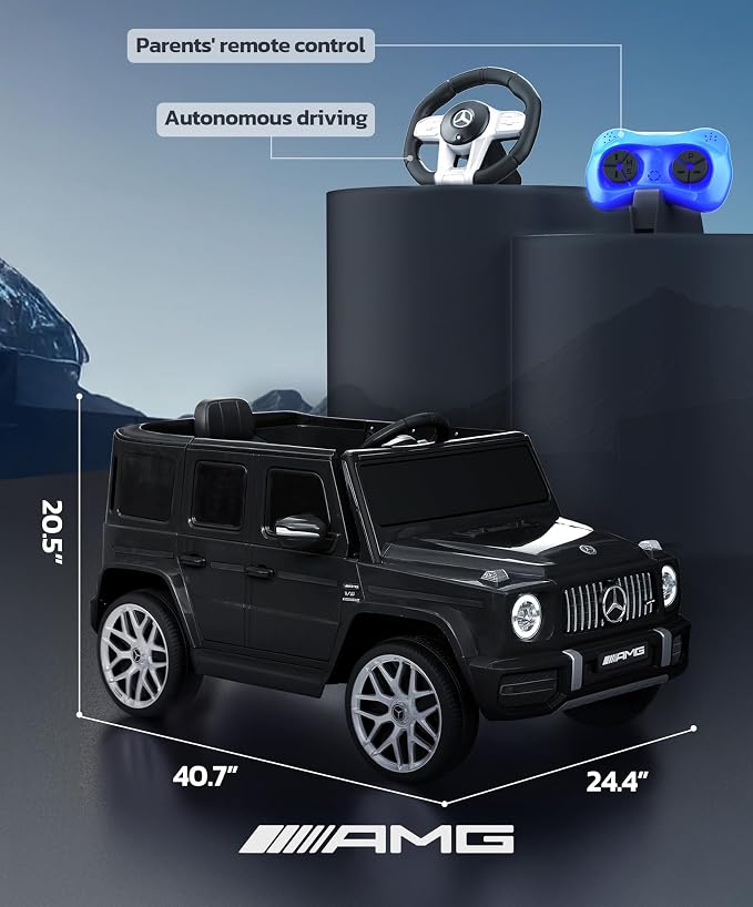 ELEMARA Licensed Mercedes-Benz AMG G63 Ride on Toys,12V Ride on Car with Remote Control,Rechargeable Battery,Flickering Lights/LED Lights, Bluetooth,Music, Soft Start, Low Battery Prompt,Dark Black