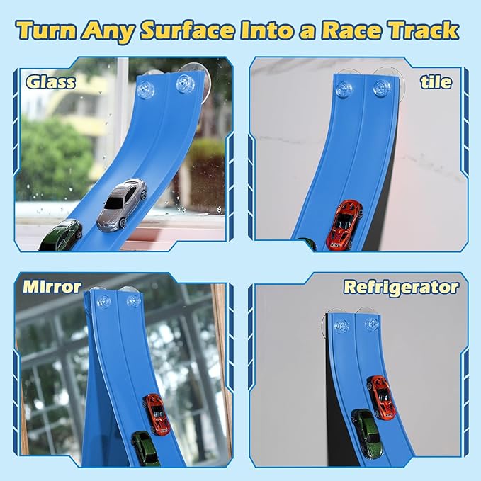 Flex Tracks 15 Ft Starter Set Flexible Race Track for Kids 3+, Flexible Car Track Race Car Ramp Track Compatible with Diecast 1/64th Cars, Portable Rolls Up Race Tracks with Strong Suction Cups