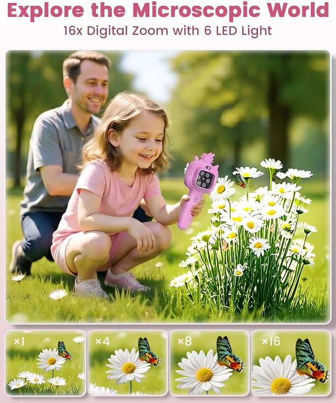 Outdoor Portable Kids Microscope: 100g Lightweight Pocket Design with One-Hand Grip for Travel – 3.5H Rechargeable Battery & 6 LEDs for Anytime Exploration – 1s Quick Auto Focus