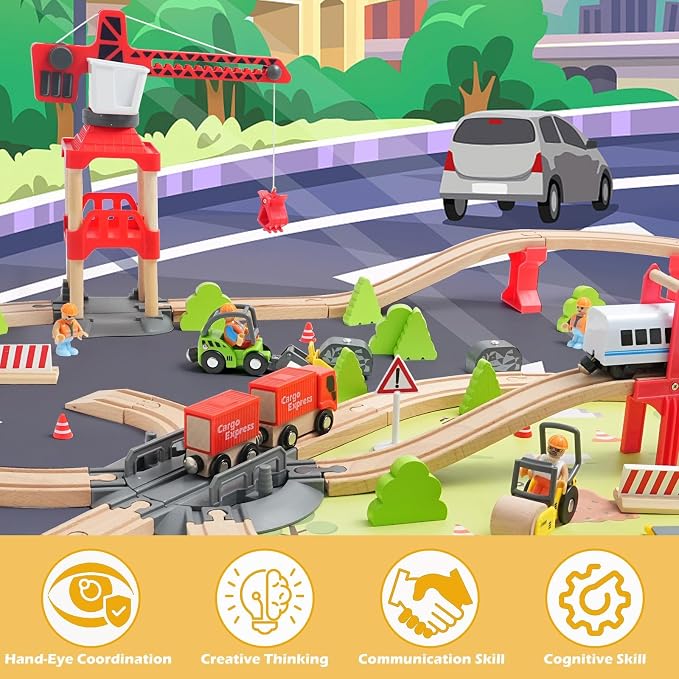 104 Pcs Wooden Train Set for Toddlers, Magnetic Trains with Track for Kids Ages 3-6, Compatiable with Major Brands, Construction Railway Playset Gifts for Boys and Girls Ages 3+