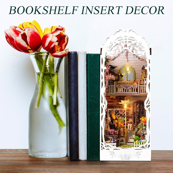TuKIIE DIY Book Nook Miniature Kit, Booknook Dollhouse Bookshelf Insert with Sensor Light & Dust Proof, Wooden Decorative Bookend Stand Model Kits for Kids Teens Adults(Flower House)