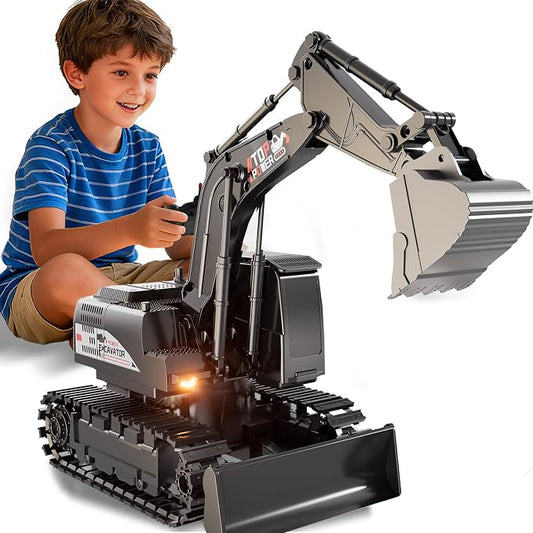 Remote Control Excavator for Boys 4-7, RC Excavator for Kids, 27 MHz Construction Trucks Vehicles Toys for Toddlers 1-3 3-5 4-7 with Metal Shovel and Light Birthday Boys Gifts