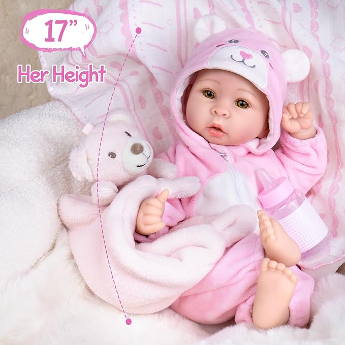 UOFTKIZ Baby Dolls Girl - 17" Real Life Baby Doll, Soft Body Doll with Feeding Toy Kit, Gift for Grandparents, New-Parents, Kids 3+