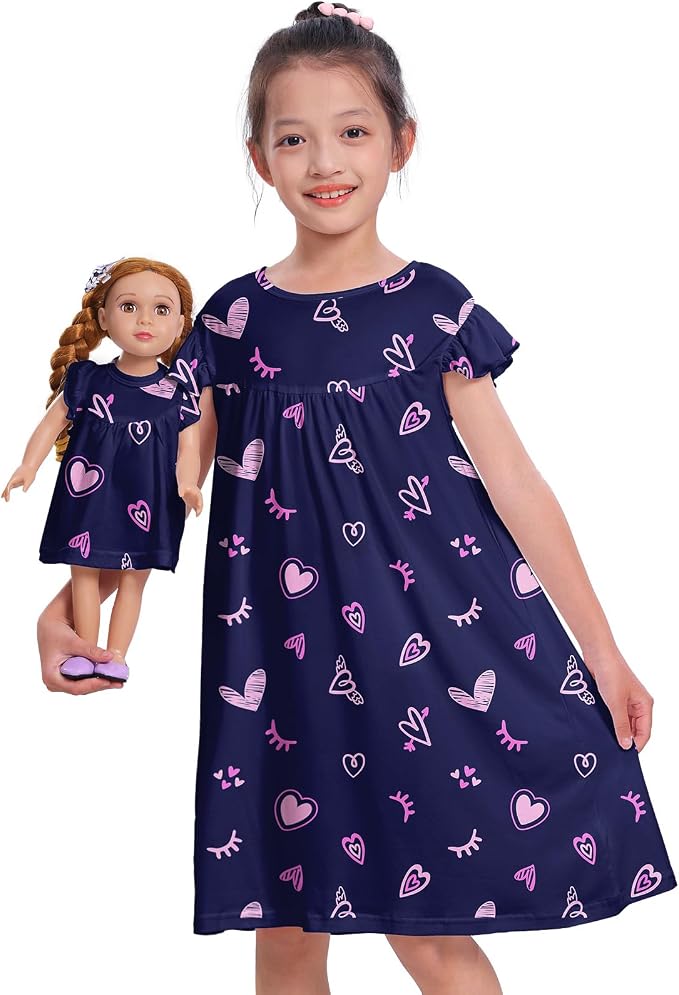 ICOSY Matching Doll & Girls Nightgowns Clothes Girls Pajamas Sleepwear Outfit for Kids and 18" Girl Doll