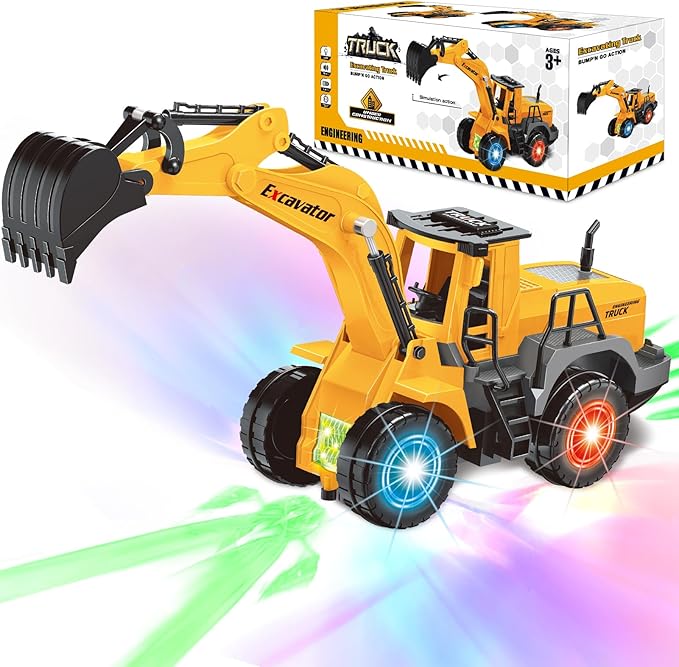 Car Toys for Toddlers, Excavator Toy with 2 Flashing Lights Music, Toy Trucks Construction Vehicle with 1 Moving Arm, Baby Toys for 3 4 5 6 Year Old Boys, Kids Valentine's Day Easter Birthday Gifts