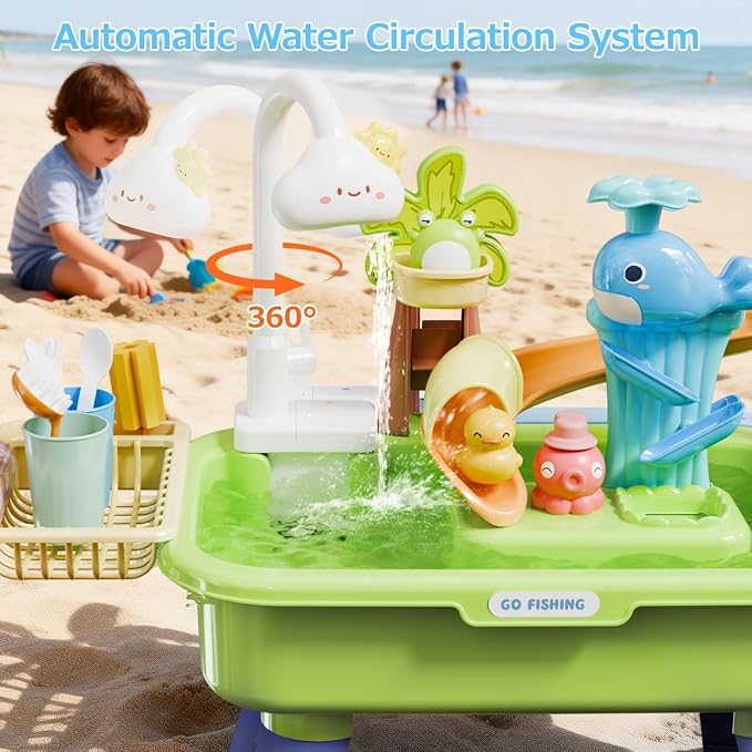 Sand and Water Table Toy for Toddlers 1.5+, 22 Pcs Accessories, 4L Large Capacity Basin, Fishing Game and Kitchen Sink Play, Outdoor Sensory Summer Gift for Kids, Spring-Green