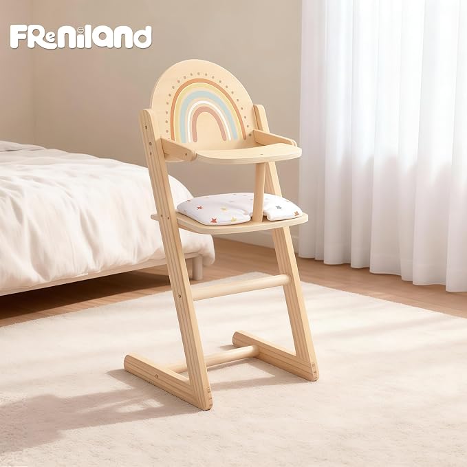 Freniland Wooden Doll High Chair with Cushion, Pretend Play Baby Doll Feeding Chair, Fits 18–20 Inch Dolls, Natural Wood Color for Girls Ages 3+